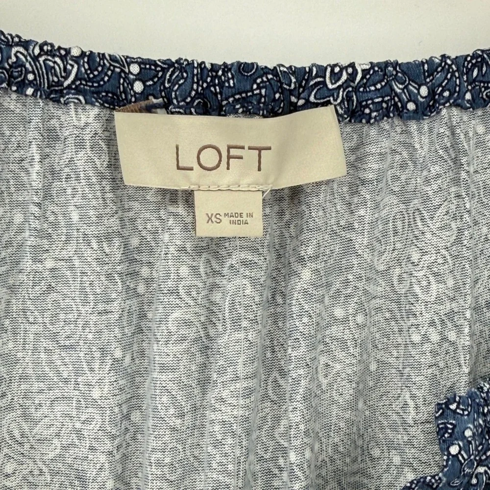 NWT LOFT‎ Blue Paisley Puff Sleeve Split Neck Rayon Top Women XS Boho